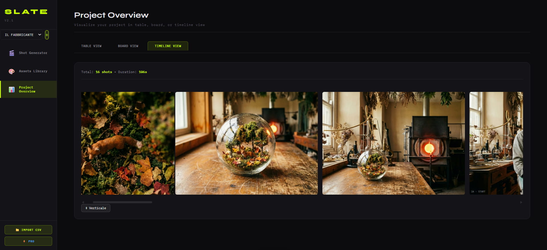 Timeline view di SLATE: 16 shot, 106 secondi � la sequenza completa di Il Fabbricante di Mondi prima del montaggio